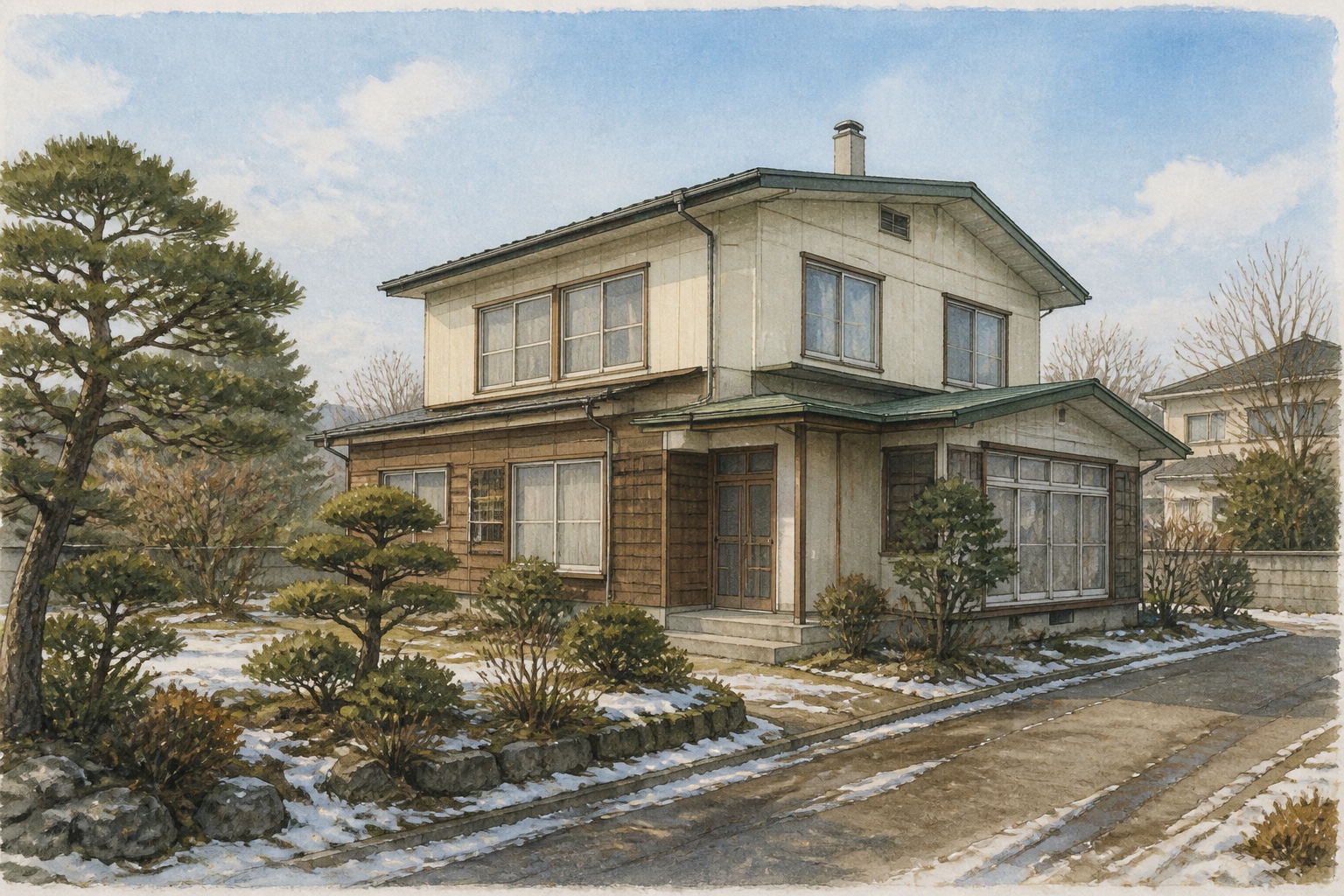 AI-generated conceptual illustration of an older two-storey timber house with a garden in snowy Abashiri; not the actual property