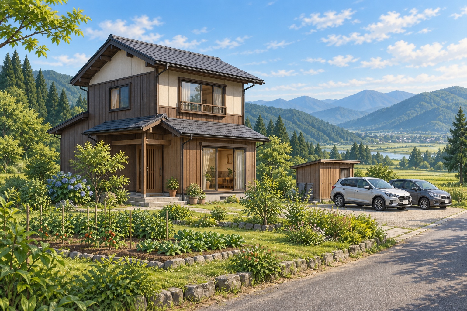 AI-generated conceptual illustration of a generic timber house in rural Niigata; not the actual property