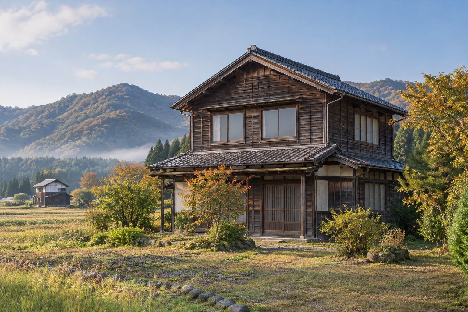 AI-generated conceptual illustration of a generic timber house in rural Niigata; not the actual property
