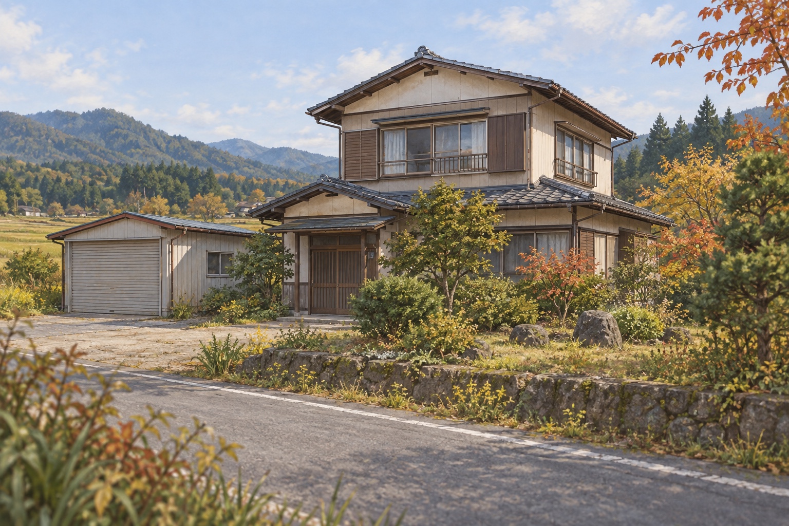 AI-generated conceptual illustration of a generic wooden house with a garage in a semi-rural Japanese setting; not the actual property