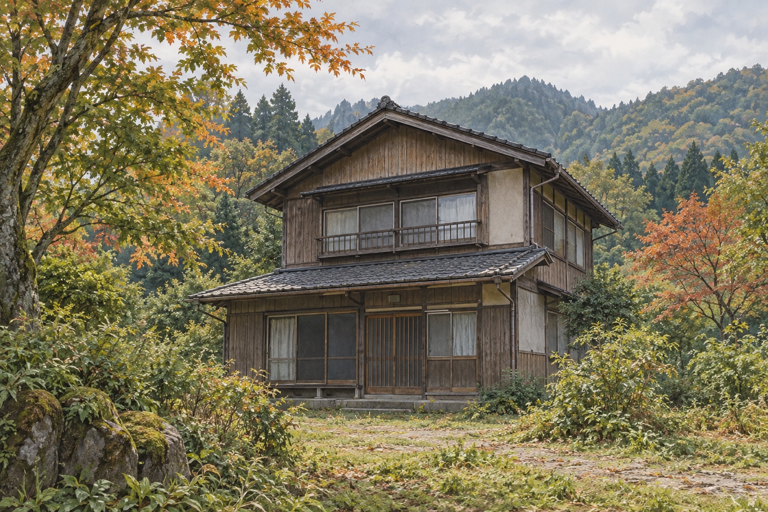 AI-generated conceptual illustration of a generic timber house in rural Niigata; not the actual property