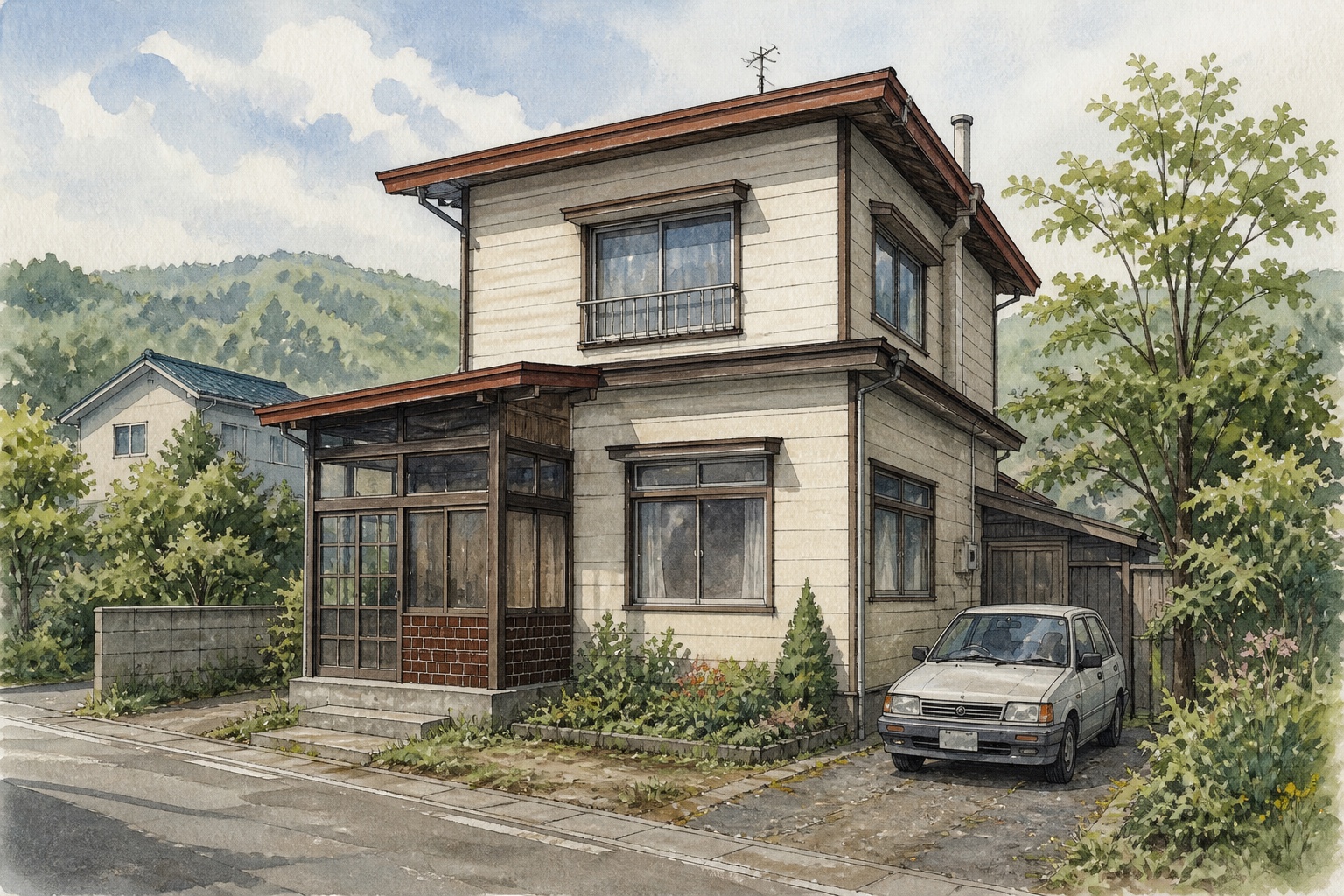 AI-generated conceptual illustration of a compact four-bedroom Hokkaido home; not the actual Akabira property