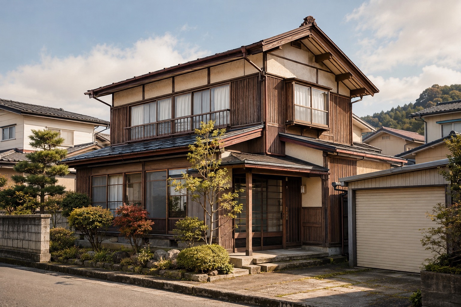 AI-generated conceptual illustration of a generic older timber house with a garage in Akita; not the actual property