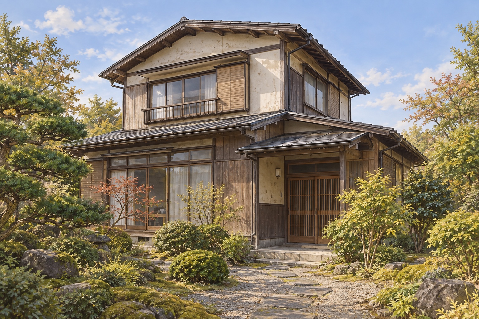 AI-generated conceptual illustration of a generic Japanese timber house with a garden; not the actual Akita property