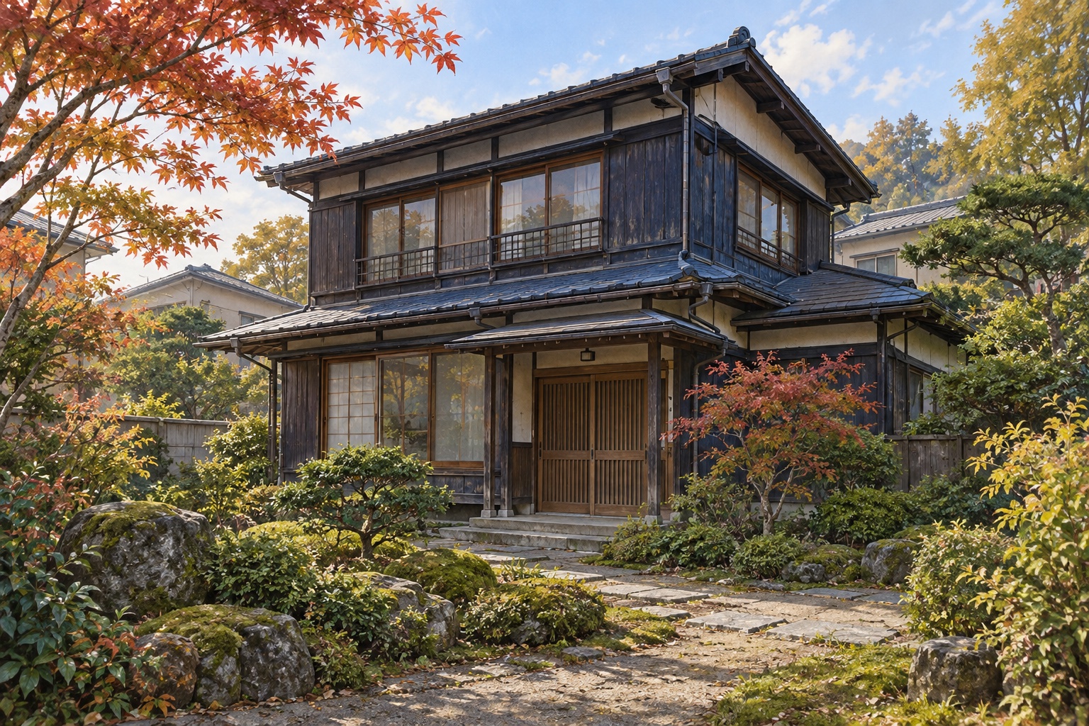 AI-generated conceptual illustration of a two-storey timber house in Akita; not the actual property