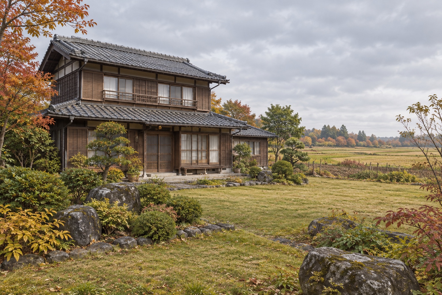 AI-generated conceptual illustration of a generic rural Japanese timber house on a wide plot; not the actual Akita property