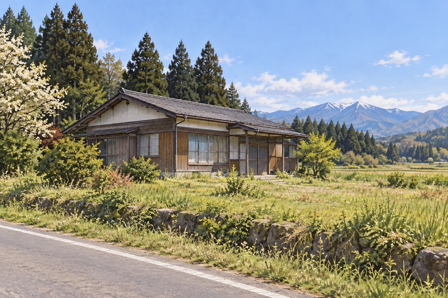 AI-generated conceptual illustration of a generic older timber house in rural Akita; not the actual property