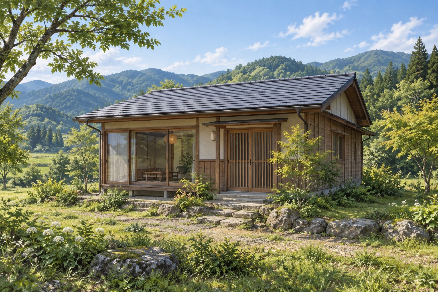 AI-generated conceptual illustration of a generic single-storey wooden house in Akita; not the actual property