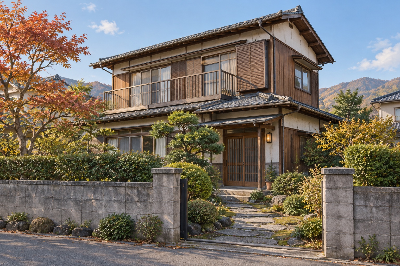 AI-generated conceptual illustration of a generic Japanese timber house with a garden; not the actual Akita property