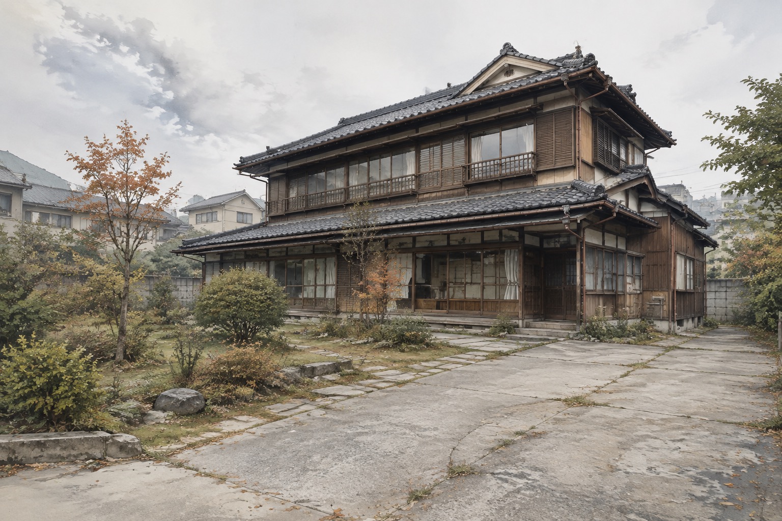 AI-generated conceptual illustration of a generic older wooden house in Akita; not the actual property
