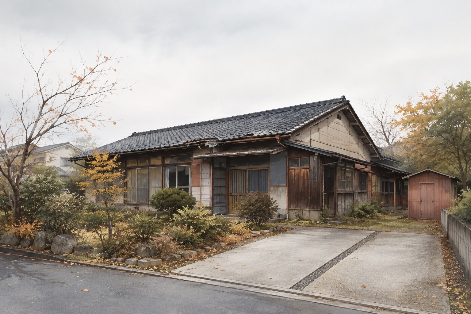 AI-generated conceptual illustration of a generic older wooden house in Akita; not the actual property