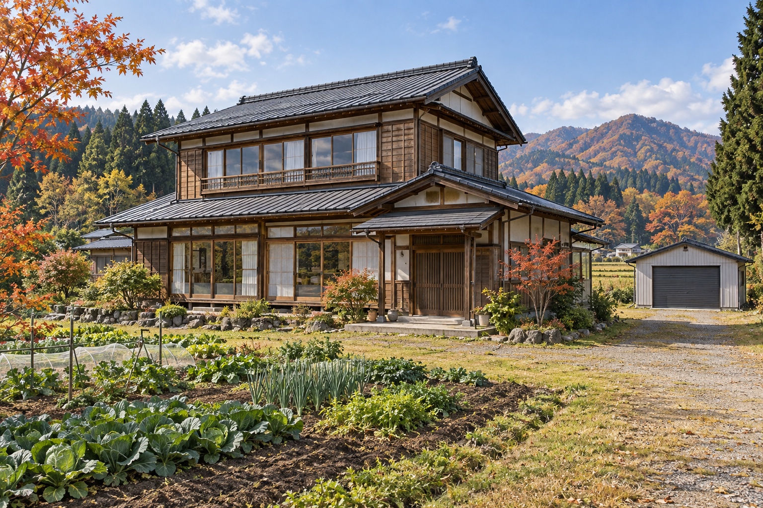 AI-generated conceptual illustration of a generic spacious older timber home on a broad Akita plot; not the actual property