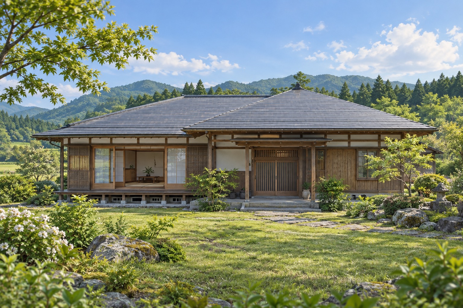 AI-generated conceptual illustration of a generic single-storey wooden house in Akita; not the actual property
