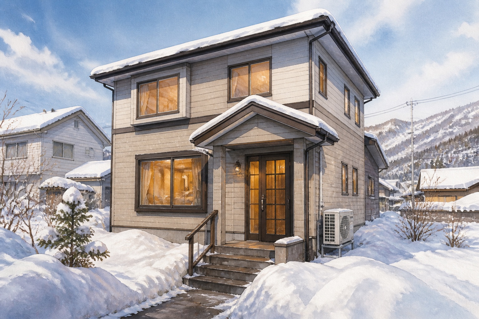 AI-generated conceptual illustration of a compact timber house in snowy Ashibetsu; not the actual property