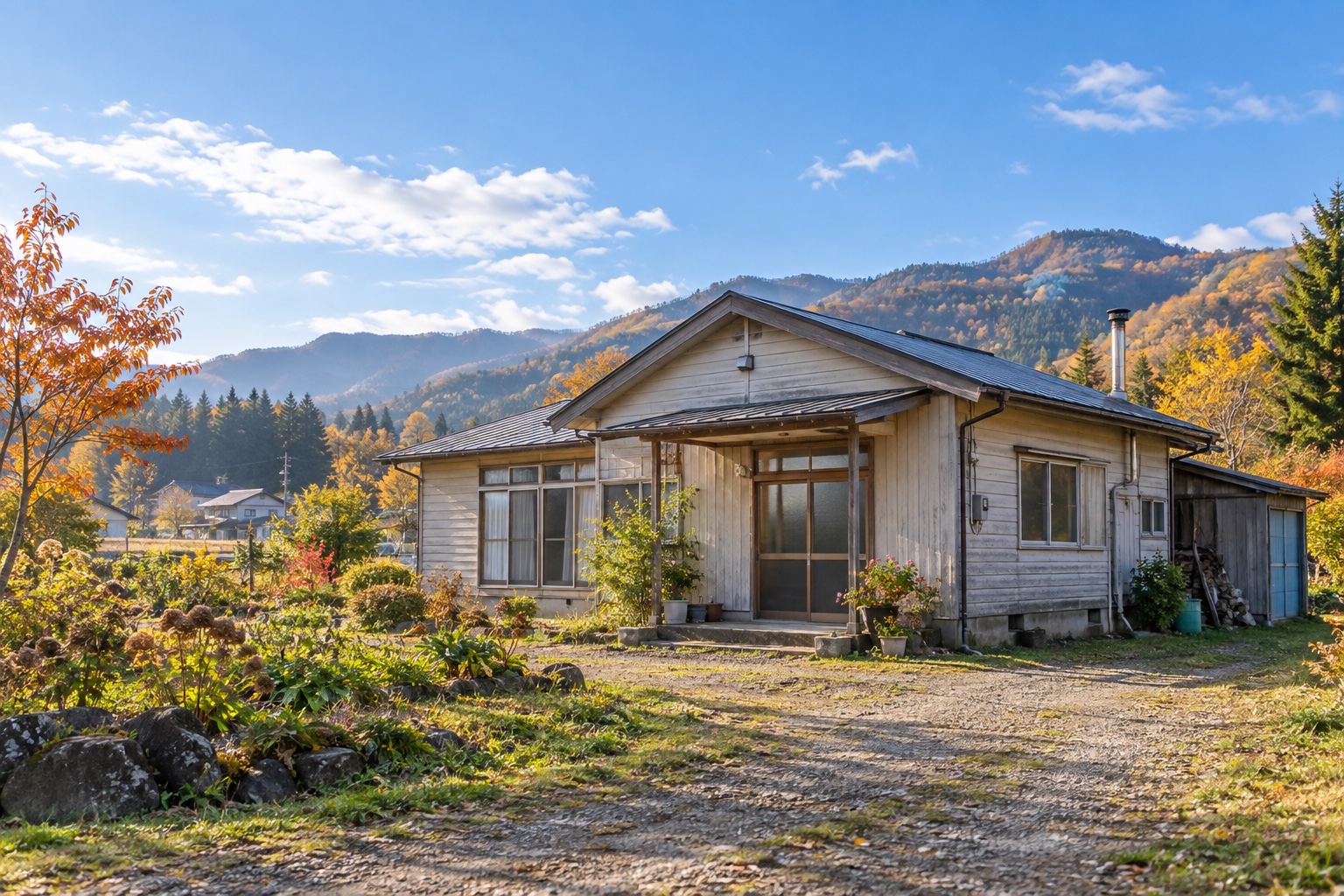 AI-generated conceptual illustration of a generic wooden house in rural Hokkaido; not the actual Ashibetsu property