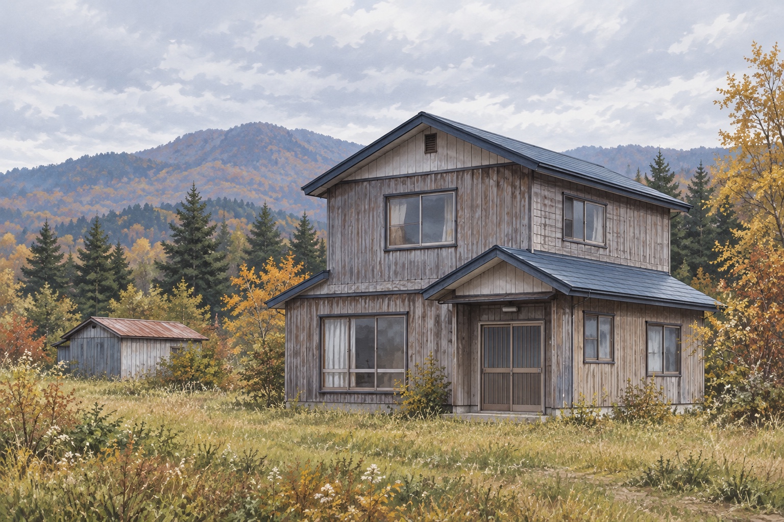 AI-generated conceptual illustration of a generic older timber house in Hokkaido; not the actual property