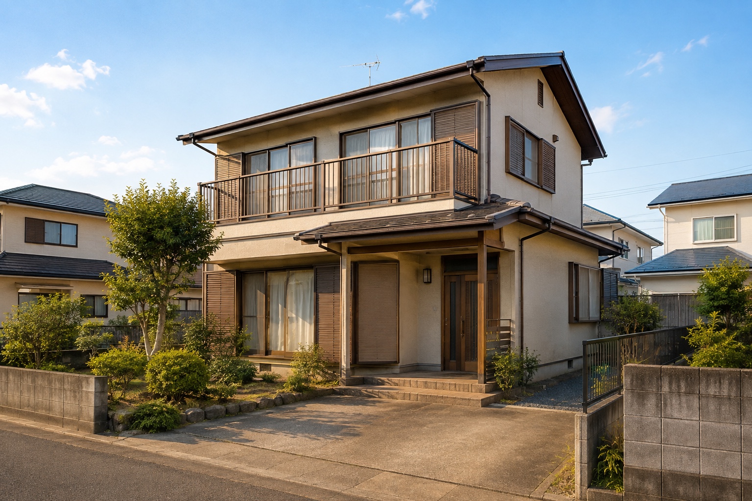 AI-generated conceptual illustration of a timber house with a garden in Fuji; not the actual property