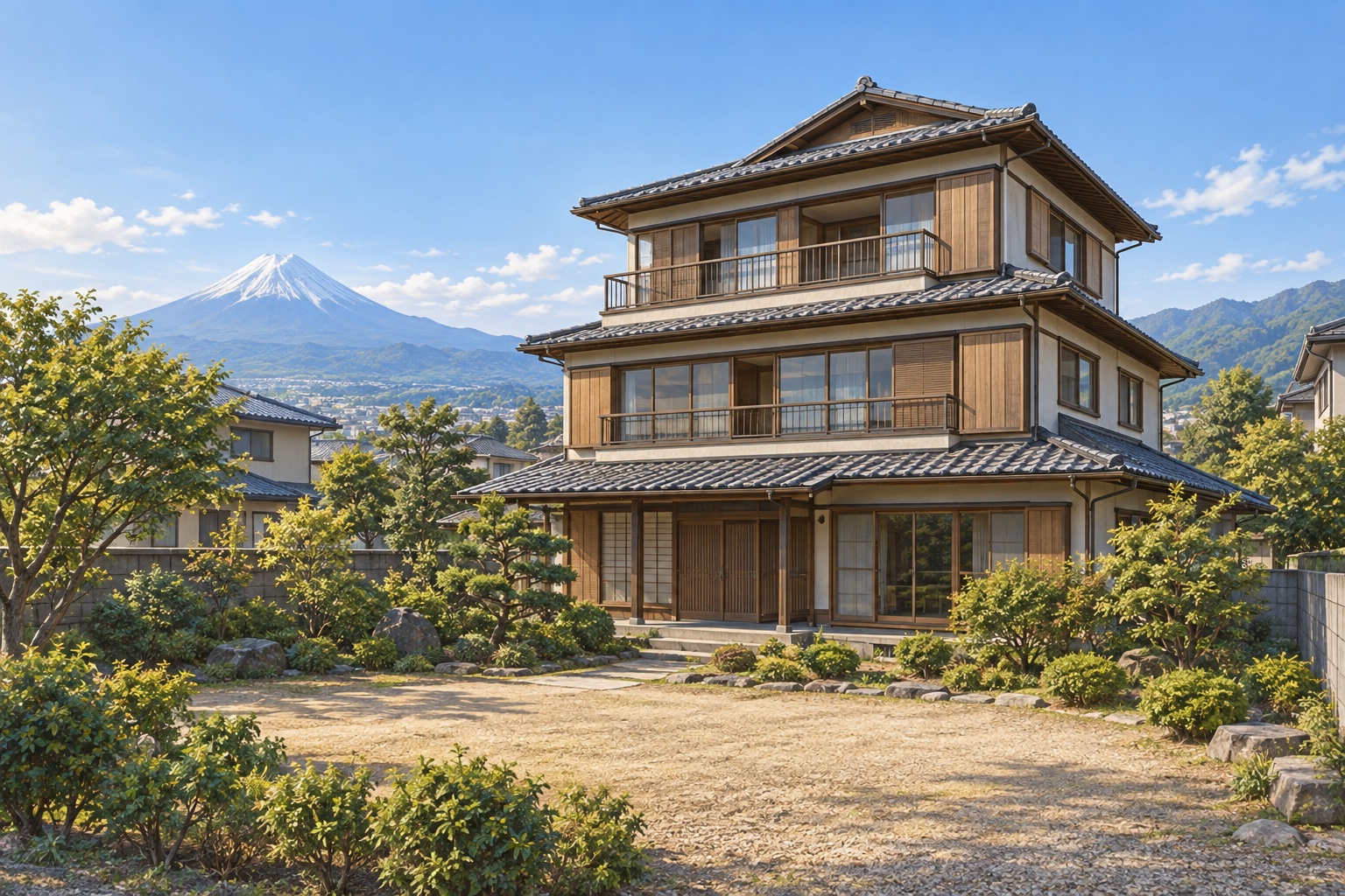 AI-generated conceptual illustration of a generic older timber house in Fuji; not the actual property