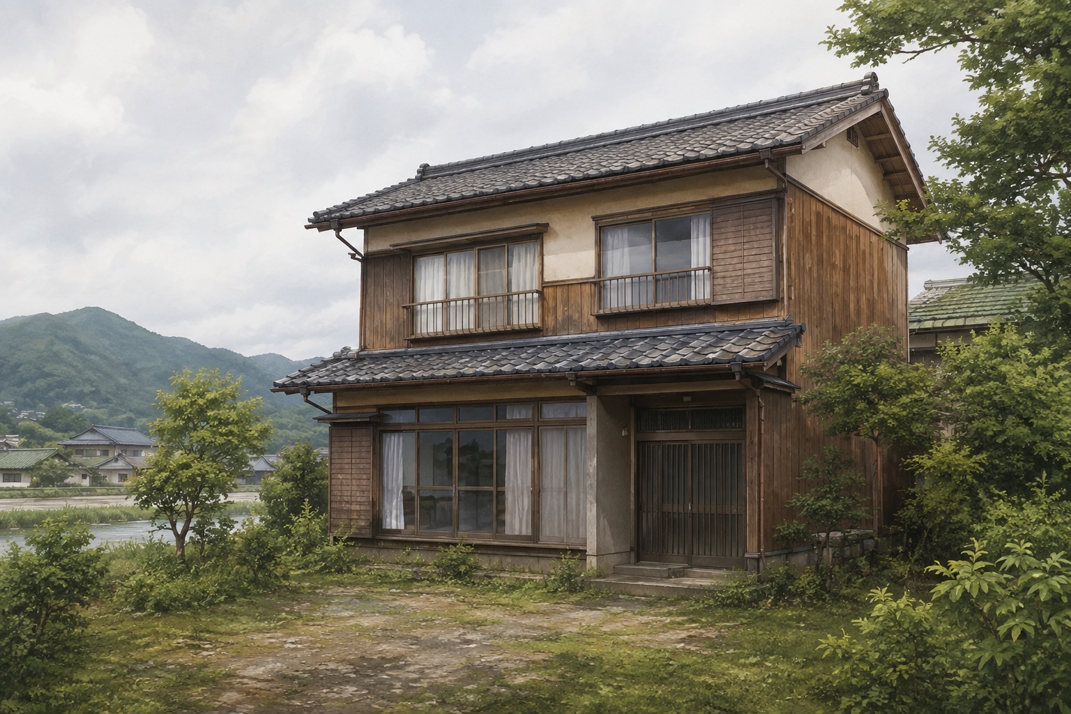 AI-generated conceptual illustration of a generic two-storey timber house in a Fuji City residential setting; not the actual property