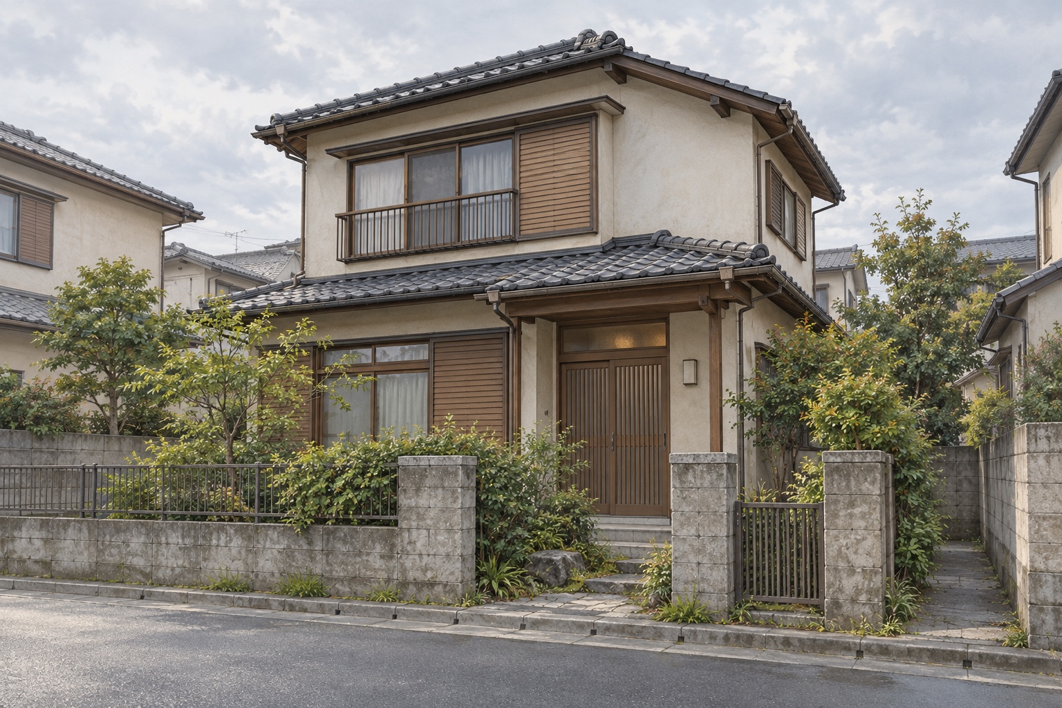 AI-generated conceptual illustration of a generic older two-storey Japanese house; not the actual property