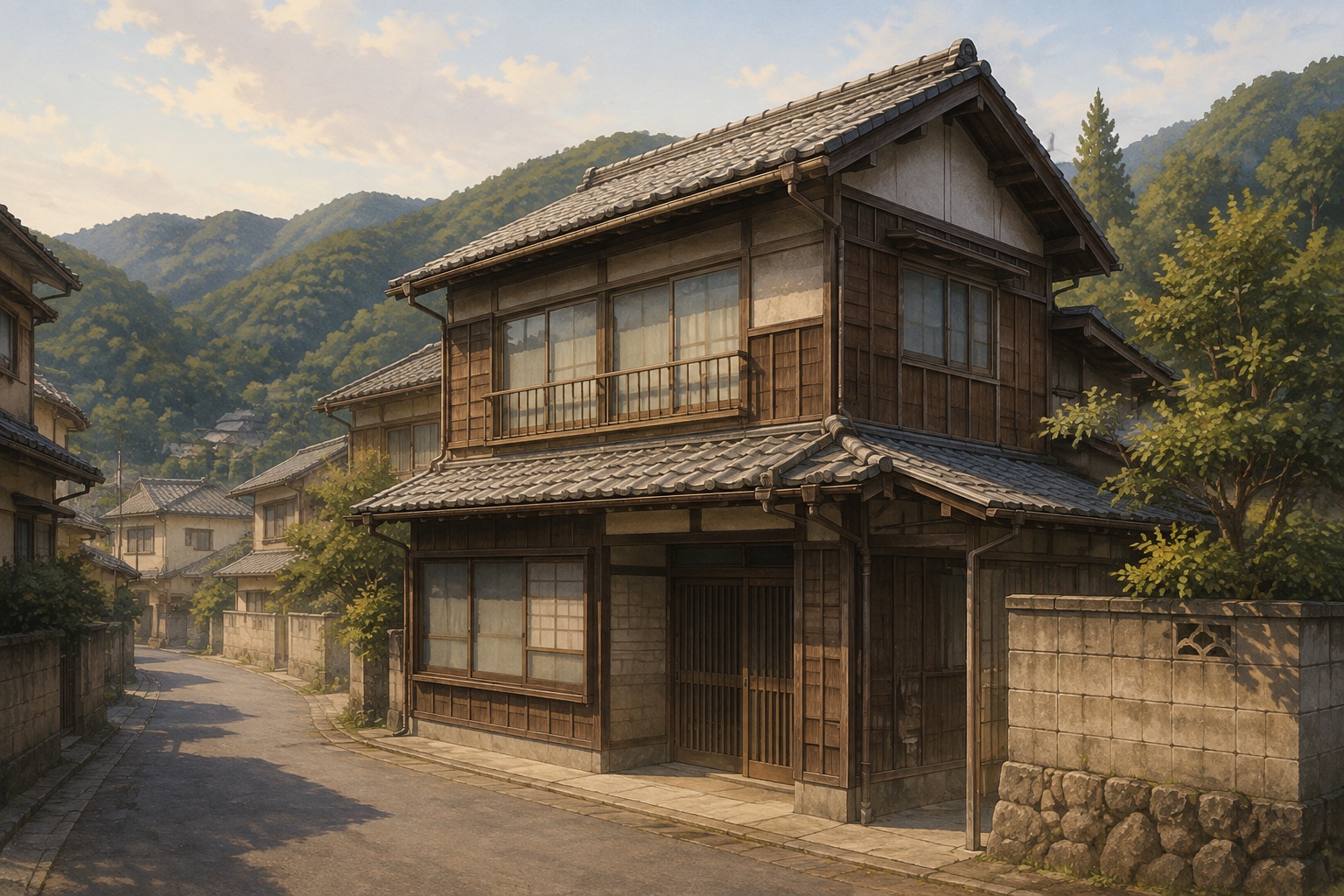 AI-generated conceptual illustration of a two-storey timber house in a Gojo mountain area; not the actual property