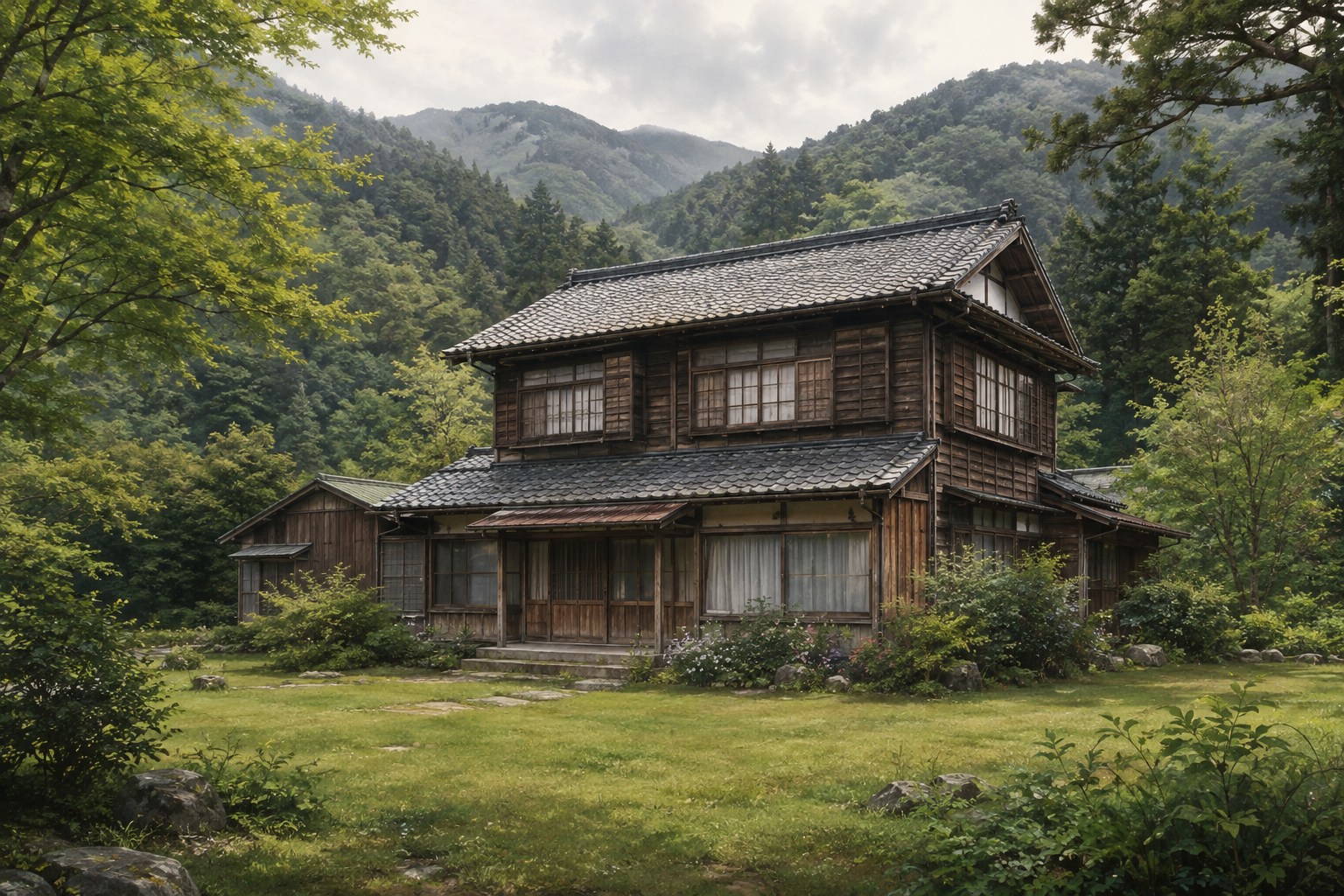 AI-generated conceptual illustration of a timber house in a wooded mountain valley; not the actual Gojo property