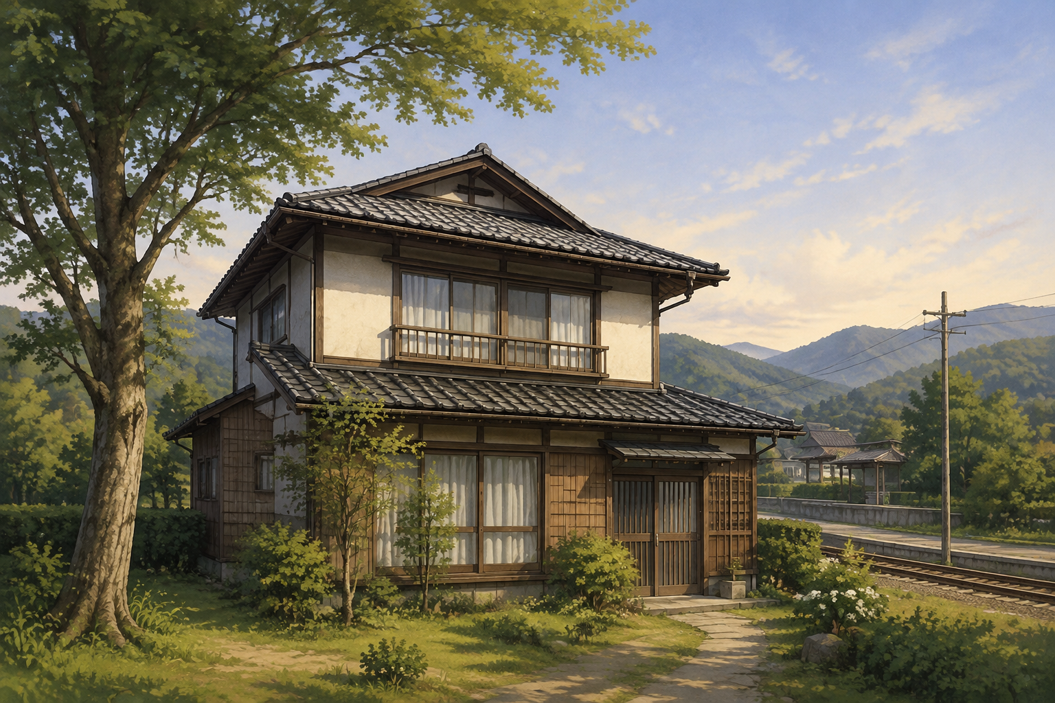 AI-generated conceptual illustration of a timber house near a quiet railway line; not the actual Gojo property