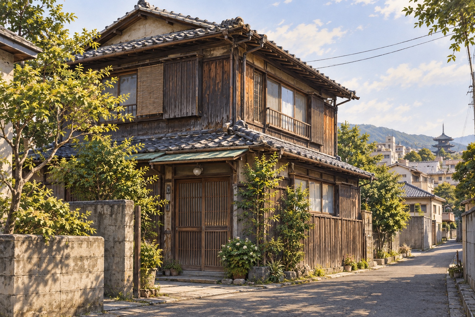 AI-generated conceptual illustration of a generic older two-storey timber house in Nara; not the actual Gose property