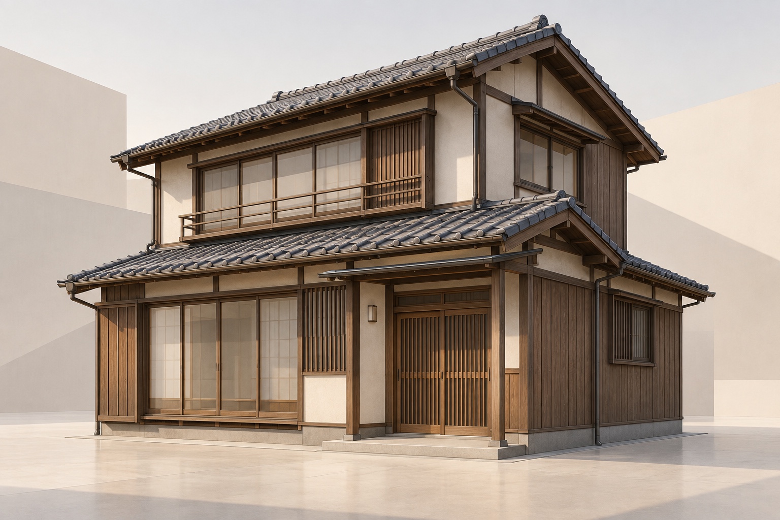 AI-generated conceptual illustration of a generic Japanese timber house; not the actual Gotsu property