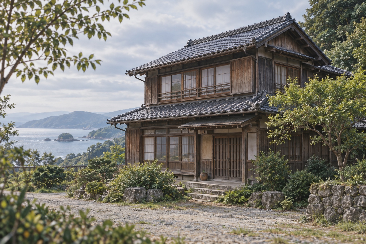 AI-generated conceptual illustration of a generic timber house in coastal Gotsu; not the actual property