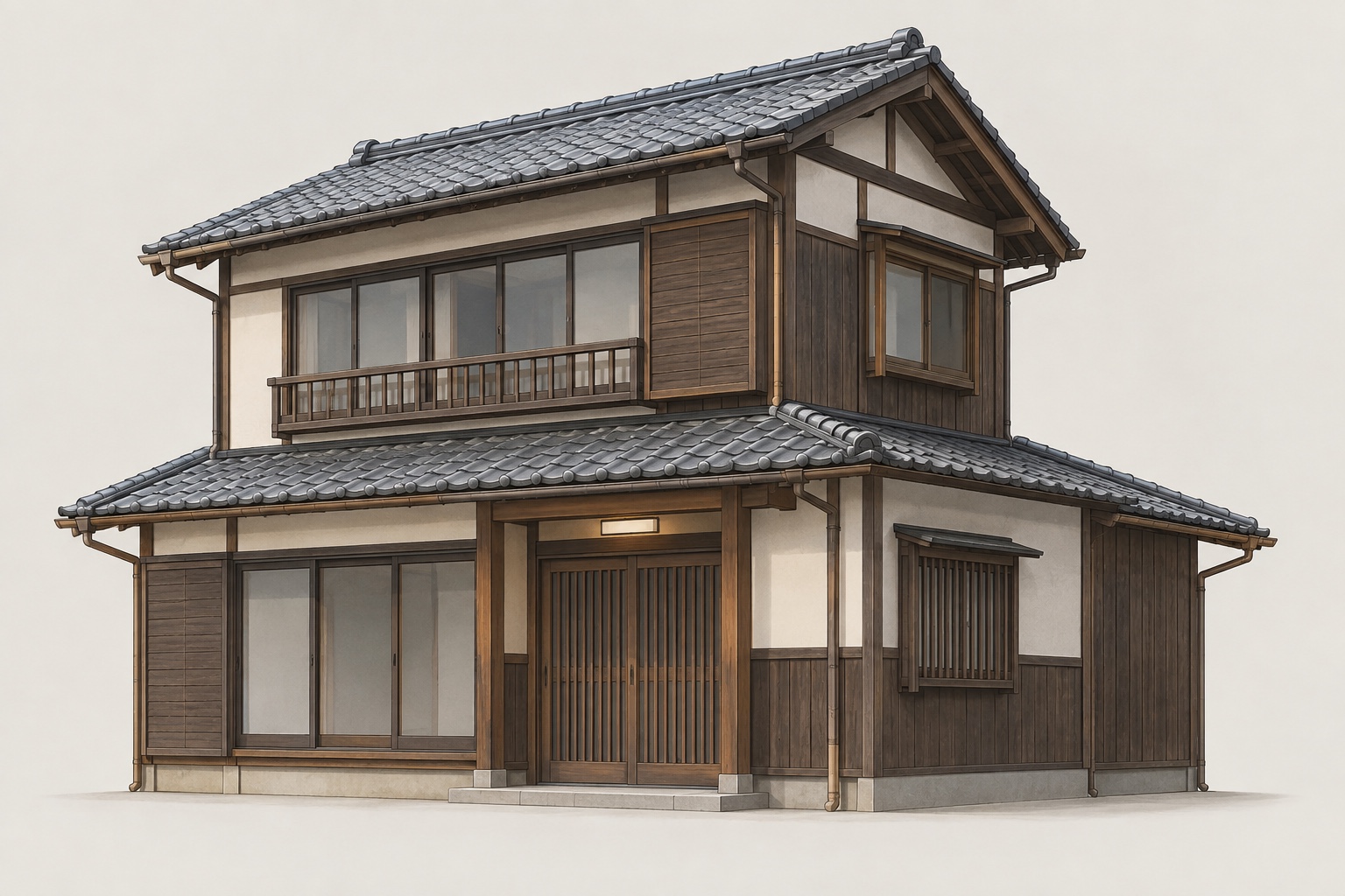 AI-generated conceptual illustration of a generic Japanese timber house; not the actual Gotsu property
