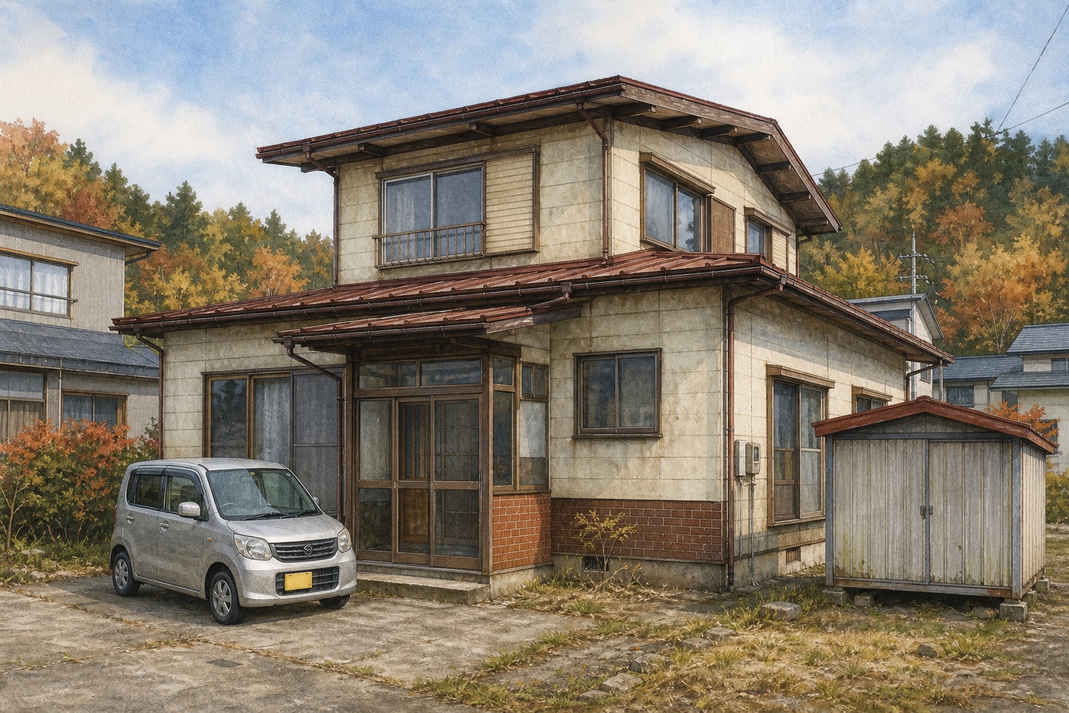 AI-generated conceptual illustration of a modest four-bedroom timber house in Hachimantai; not the actual property