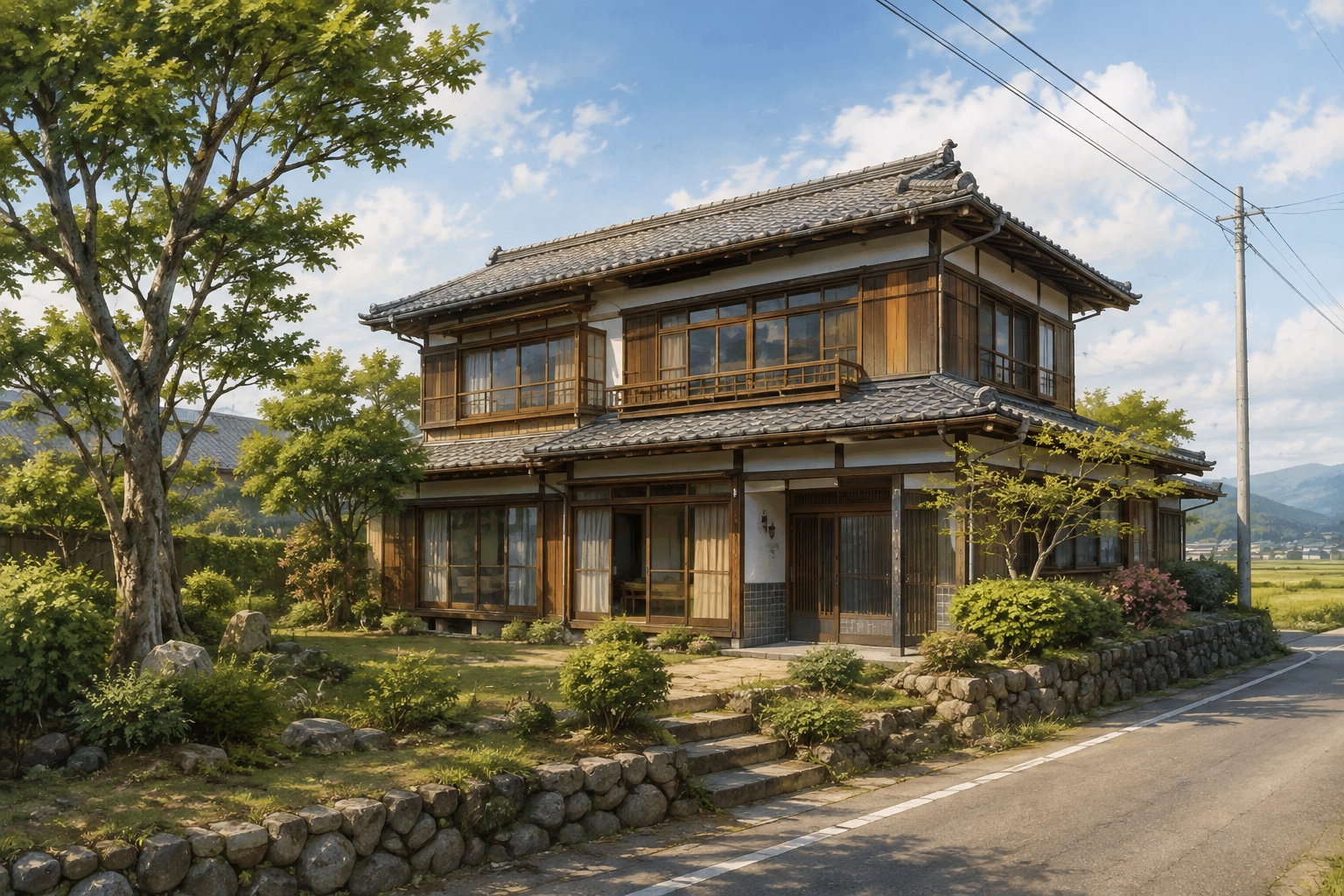 AI-generated conceptual illustration of a large timber house near countryside in Inuyama; not the actual property