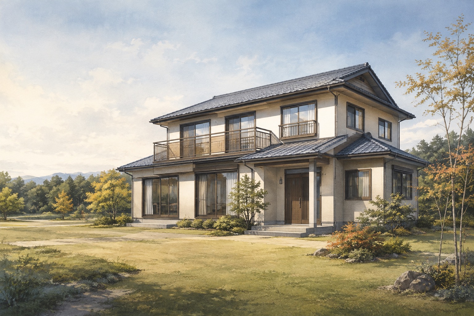 AI-generated conceptual illustration of a generic two-storey house in Gunma; not the actual property