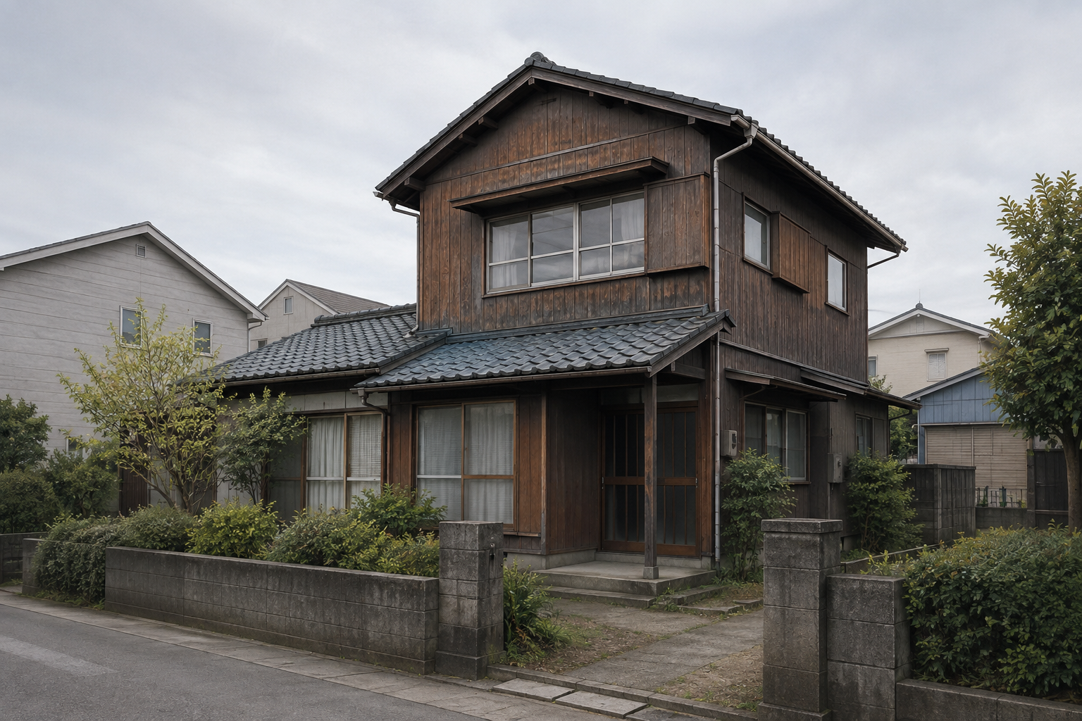 AI-generated conceptual illustration of a generic older wooden detached house in Ishinomaki; not the actual property