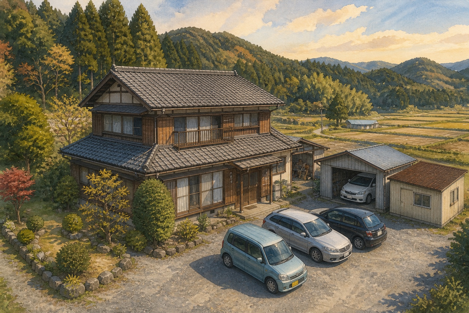 AI-generated conceptual illustration of a timber house on a large mountain-side plot; not the actual Iyo property