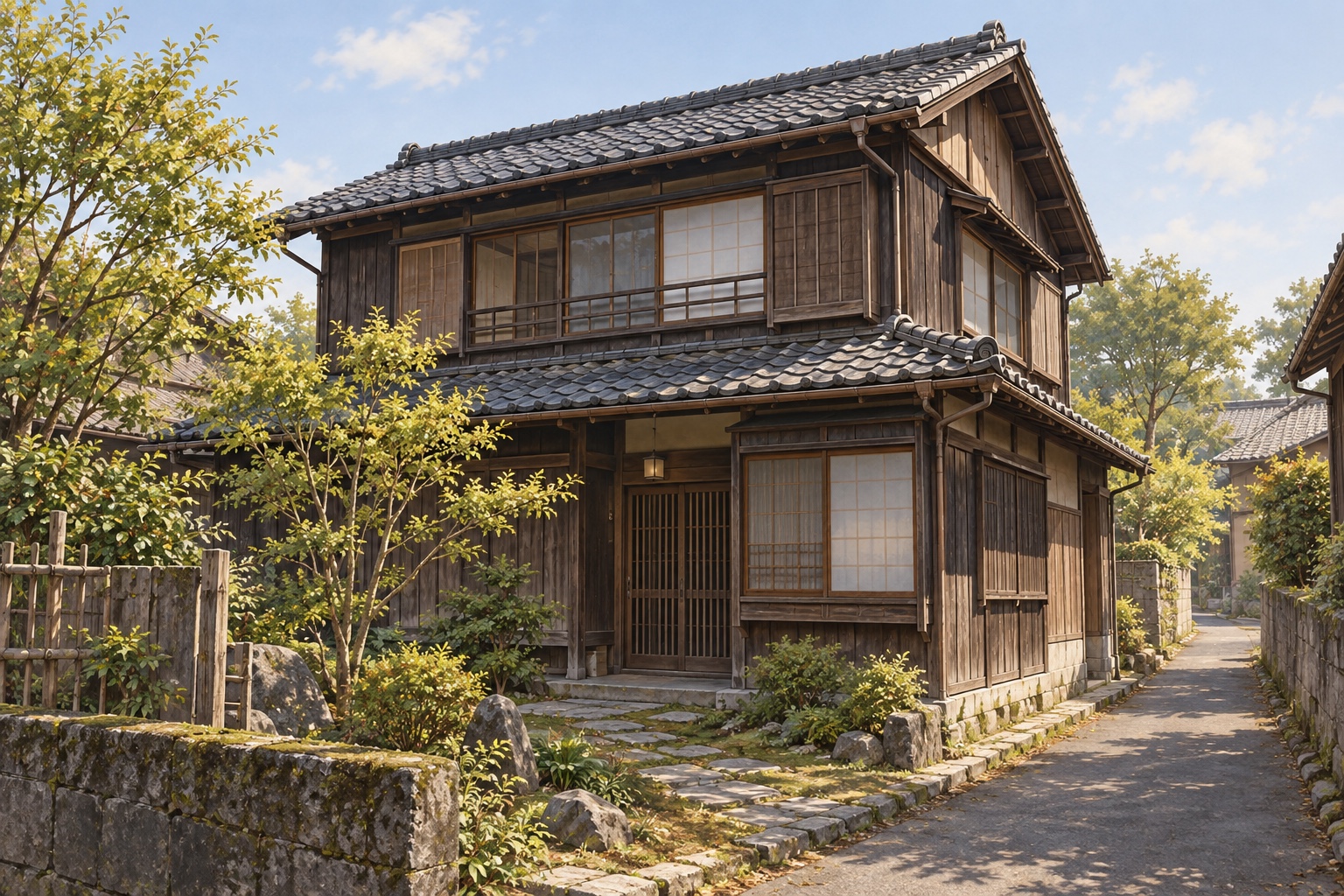 AI-generated conceptual illustration of a generic historic two-storey wooden house; not the actual property