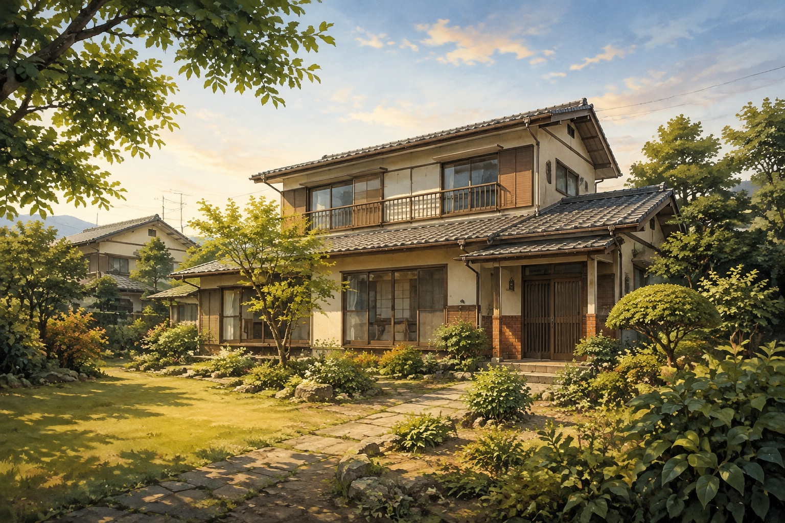 AI-generated conceptual illustration of a generic established two-storey detached house in a leafy Kani neighborhood; not the actual property