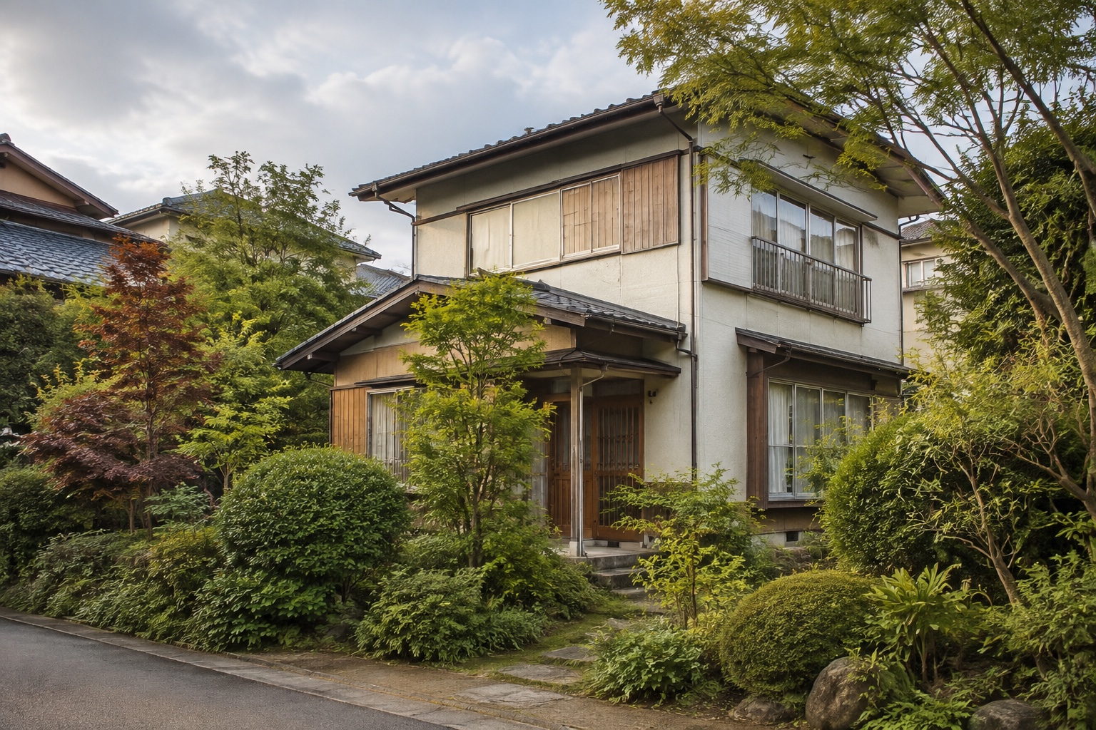 AI-generated conceptual illustration of a generic established two-storey detached house in a leafy Kani neighbourhood; not the actual property