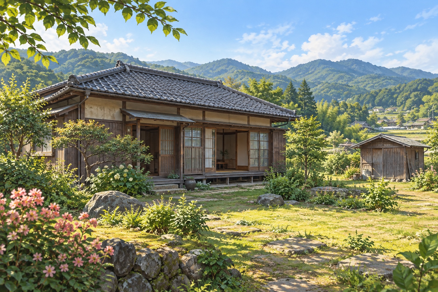 AI-generated conceptual illustration of a generic rural timber home in Wakayama; not the actual property