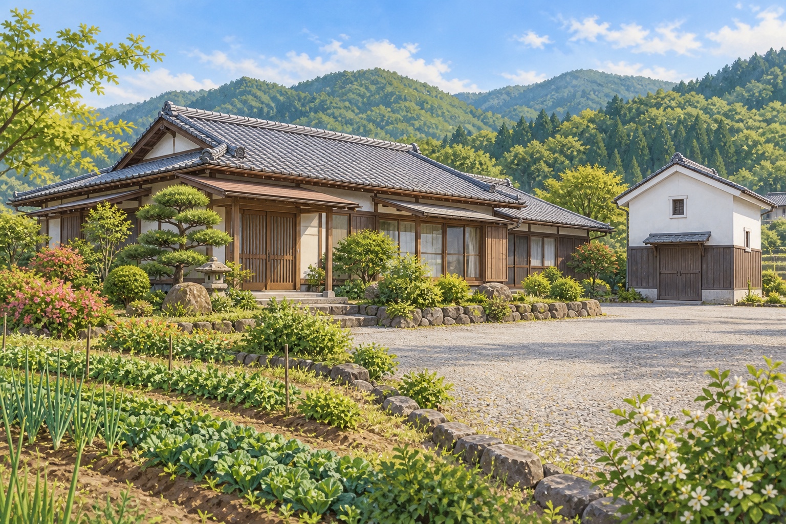 AI-generated conceptual illustration of a generic timber home with a garden in Wakayama; not the actual property