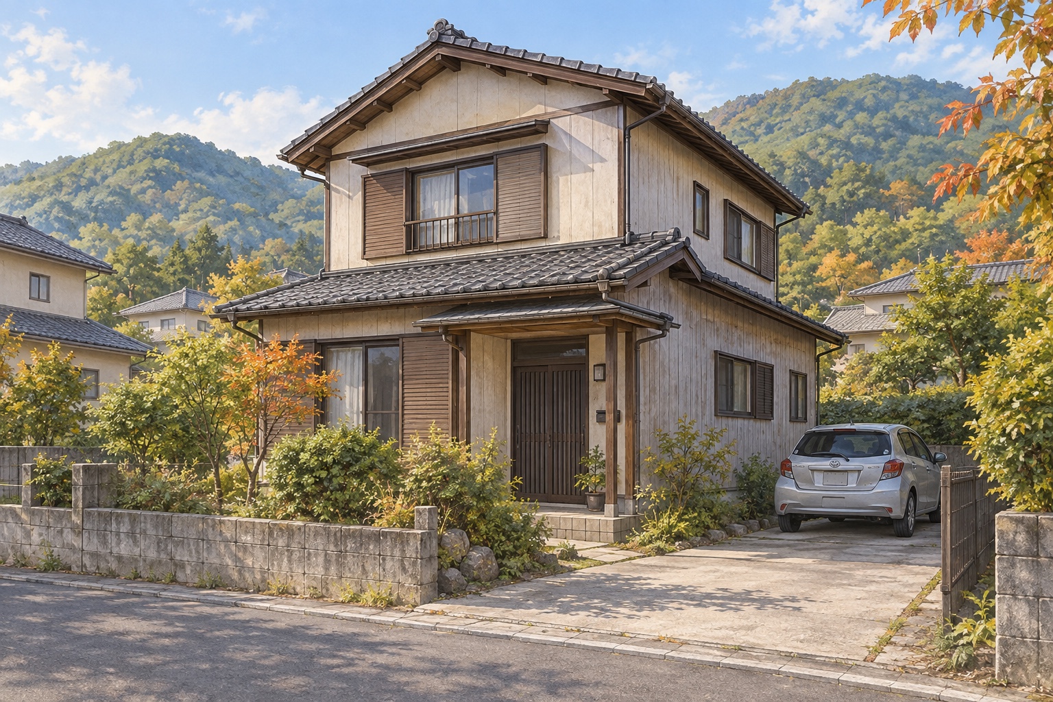 AI-generated conceptual illustration of a generic wooden house in a small Japanese town; not the actual property