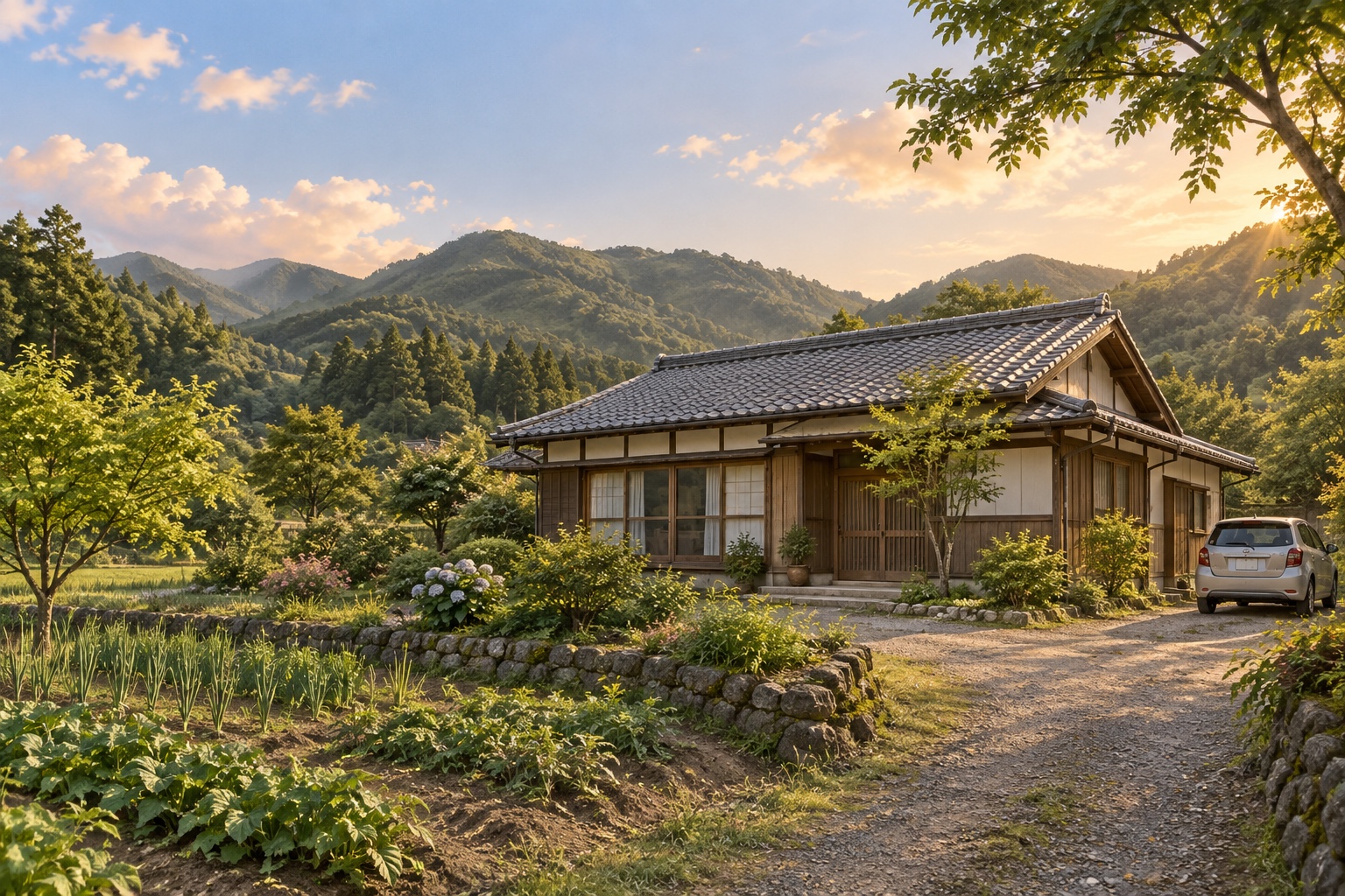 AI-generated conceptual illustration of a generic timber home with a garden in Wakayama; not the actual property