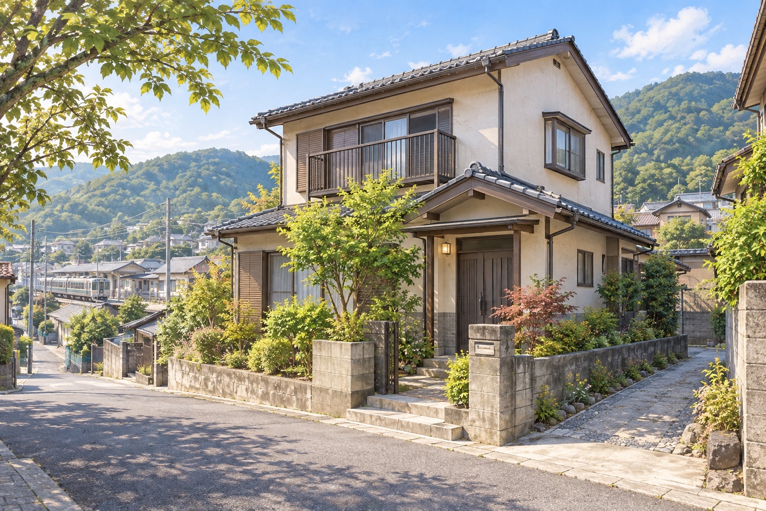 AI-generated conceptual illustration of a generic two-storey timber house in Wakayama; not the actual property