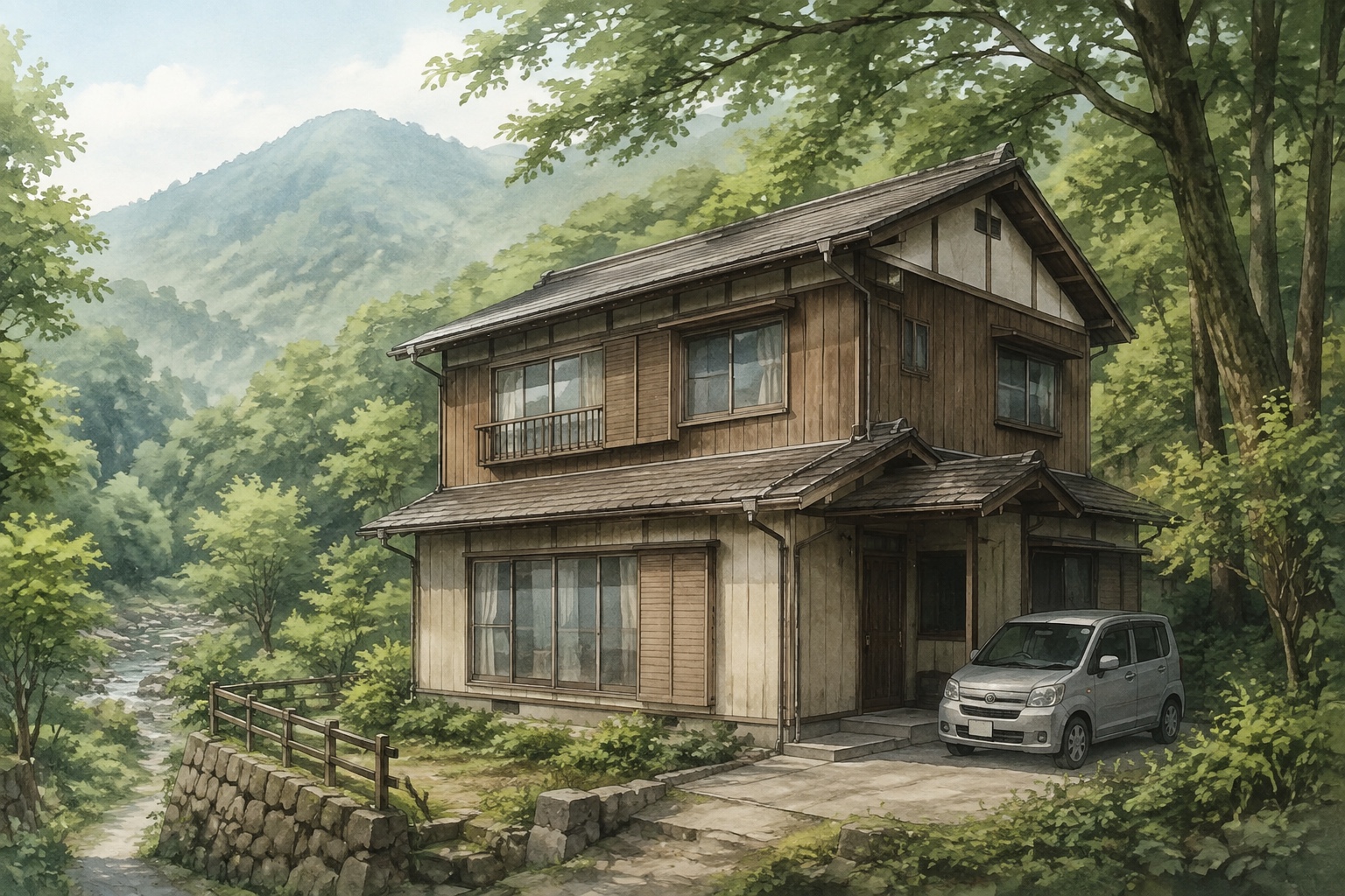 AI-generated conceptual illustration of a generic timber mountain home in rural Kanagawa; not the actual Kiyokawa property