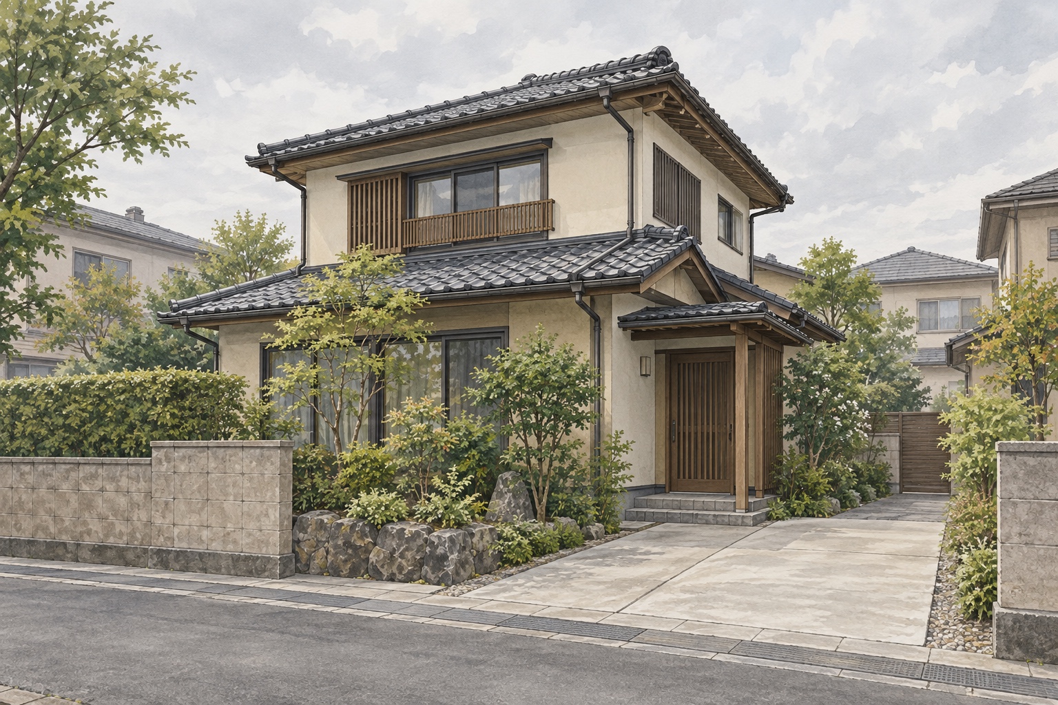 AI-generated conceptual illustration of a generic two-storey timber house in Koriyama; not the actual property