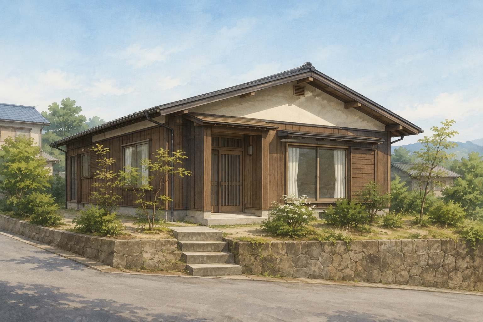 AI-generated conceptual illustration of a single-storey timber house in Koriyama; not the actual property
