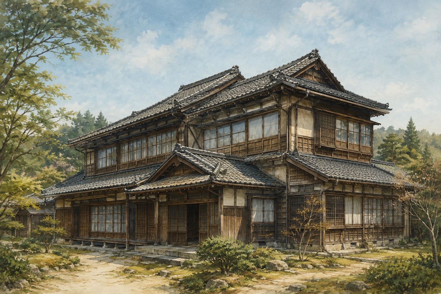 AI-generated conceptual illustration of a generic historic timber residence in Koriyama; not the actual property