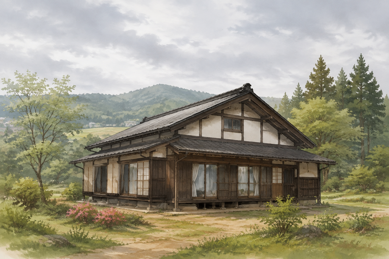AI-generated conceptual illustration of a rural timber house in the Koriyama countryside; not the actual property