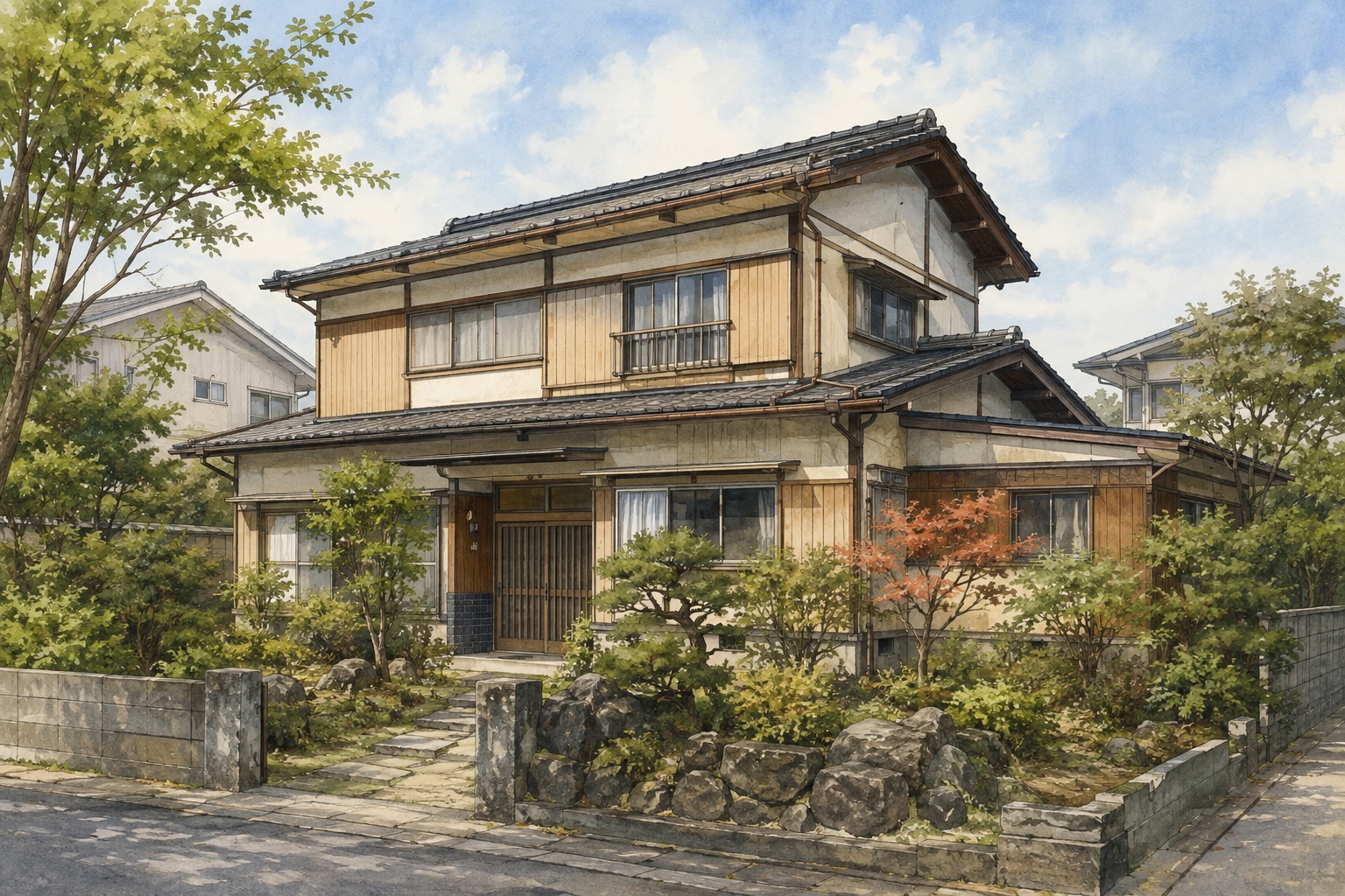AI-generated conceptual illustration of a generic two-storey timber house in Koriyama; not the actual property